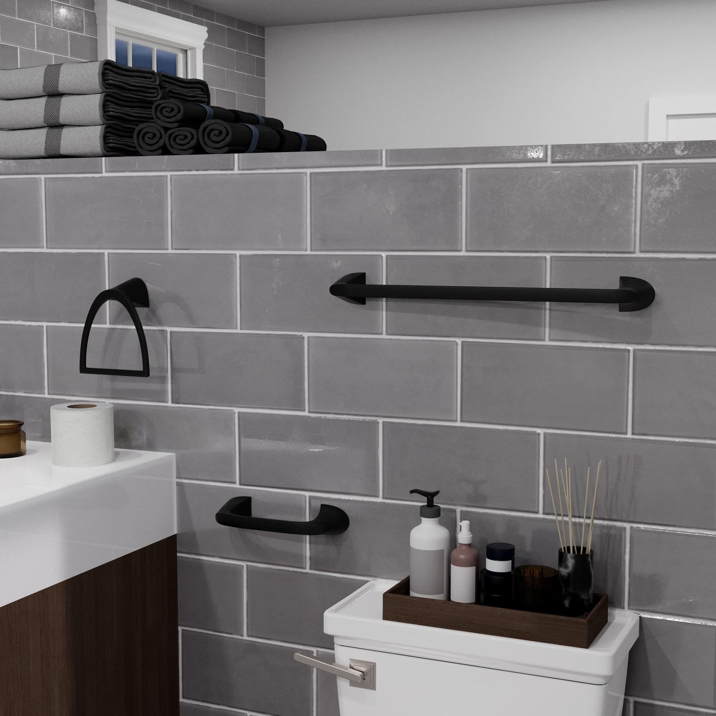 Set de Accesorios de Baño Karci Negro Mate – Barra, Aro y Portapapel