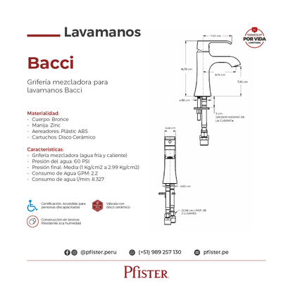 Grifería Mezcladora para Lavamanos Bacci Cromo Pulido