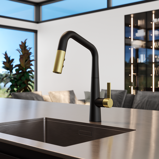 Grifería de Cocina Asari con Cabezal Extraíble en Negro y Oro
