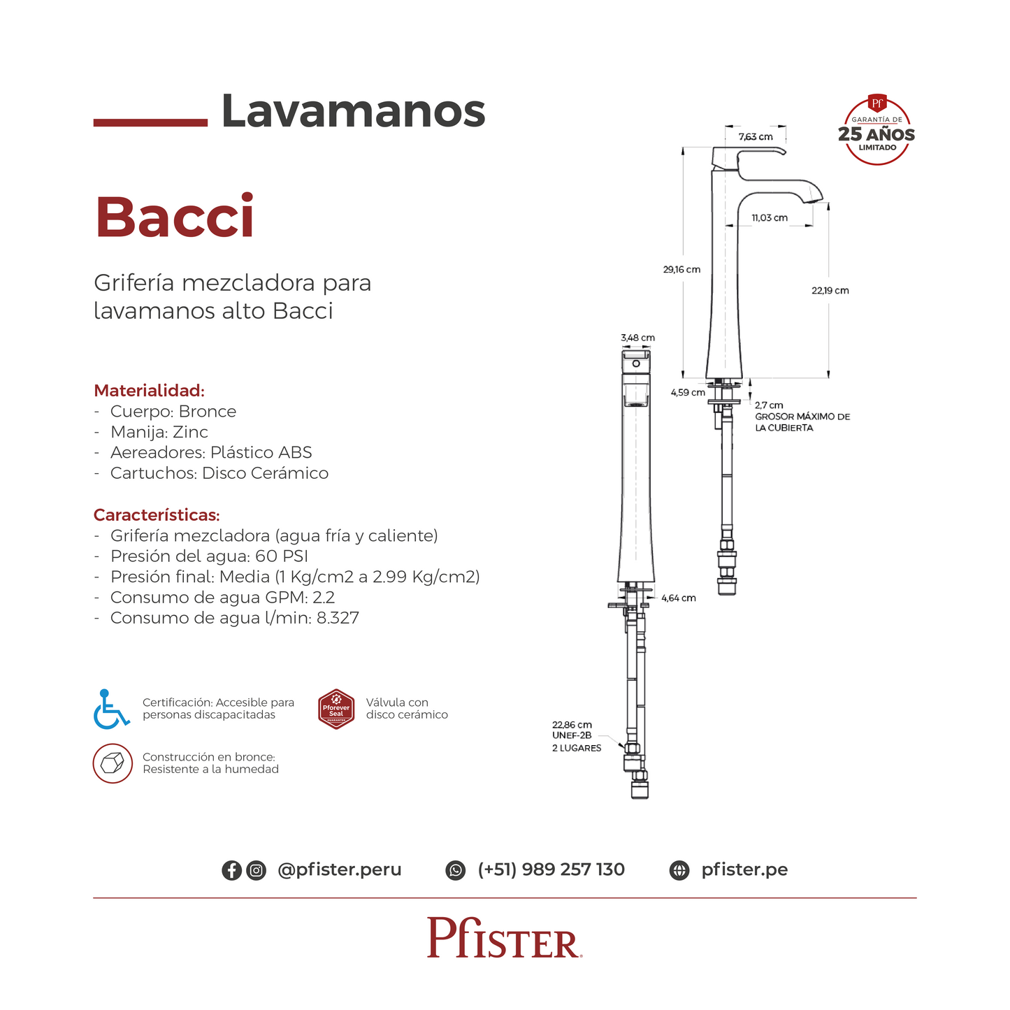 Grifería Mezcladora para Lavamanos Alto Bacci Cromo Pulido