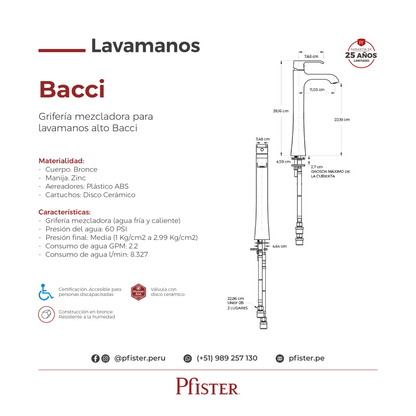 Grifería Mezcladora para Lavamanos Alto Bacci Cromo Pulido