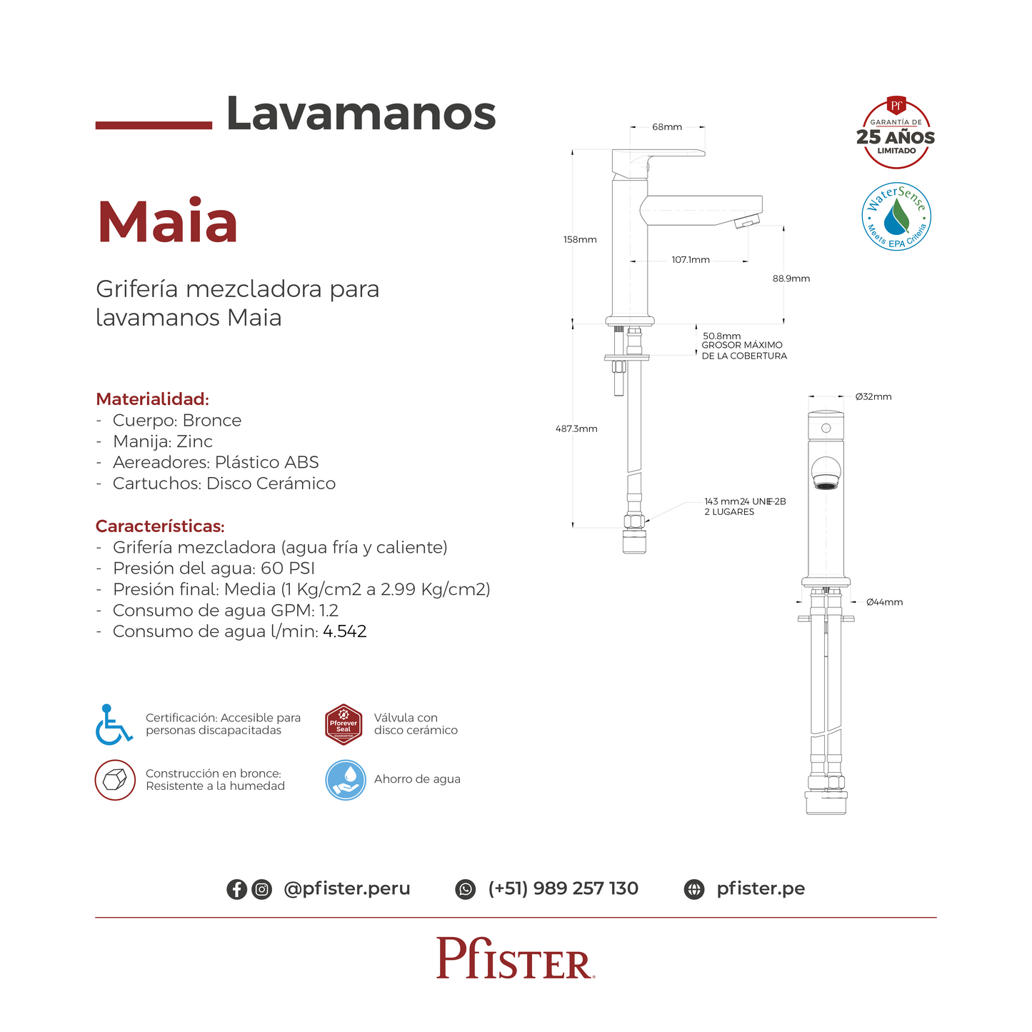Grifería Mezcladora para Lavamanos Maia Cromo Pulido