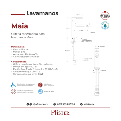 Grifería Mezcladora para Lavamanos Maia Cromo Pulido