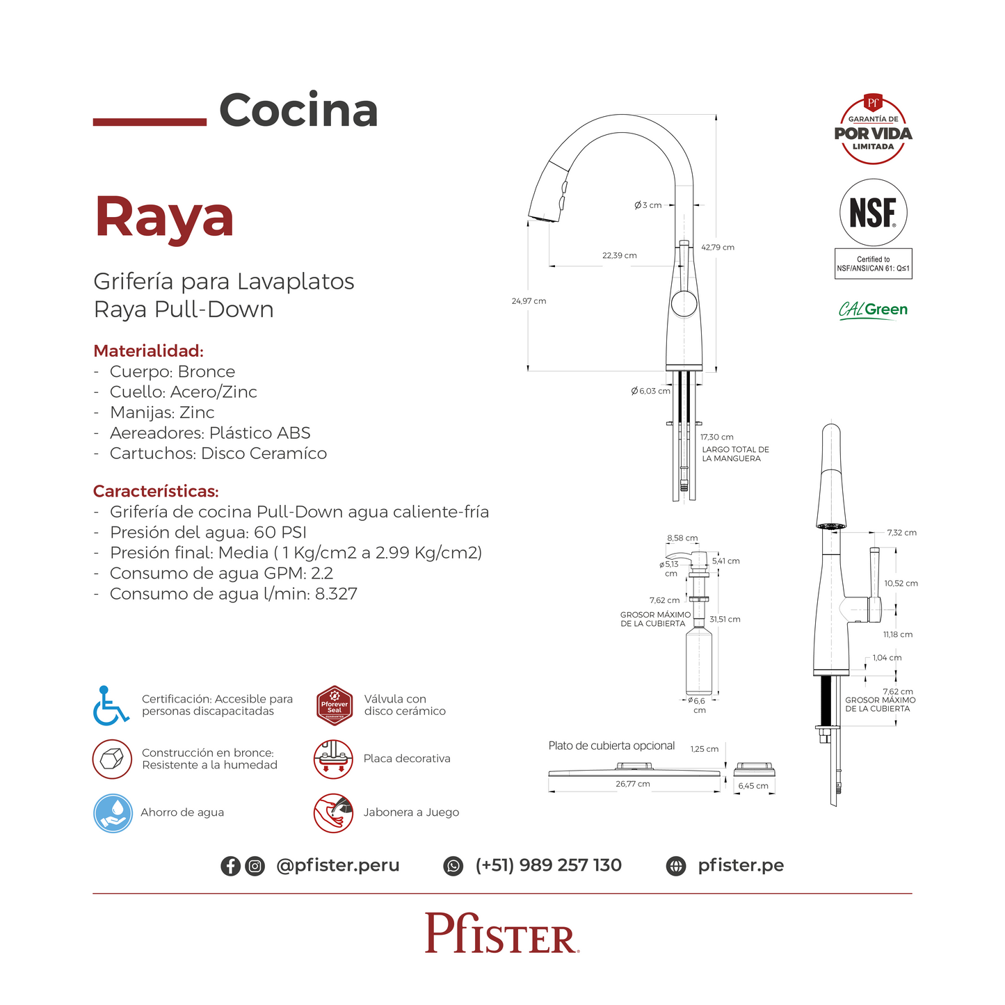 Grifería de Cocina Raya con Cabezal Extraíble en Cromo Pulido