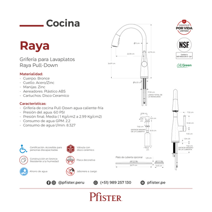 Grifería de Cocina Raya con Cabezal Extraíble en Cromo Pulido