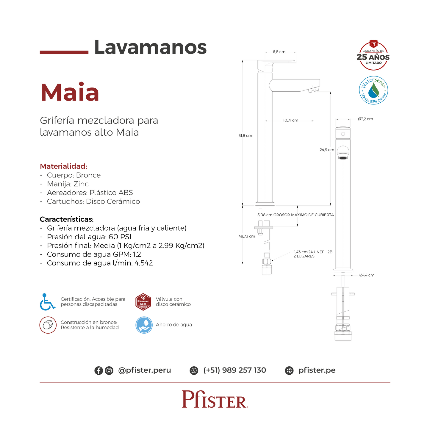Grifería Mezcladora para Lavamanos Alto Maia Cromo Pulido