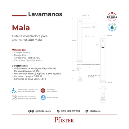 Grifería Mezcladora para Lavamanos Alto Maia Cromo Pulido