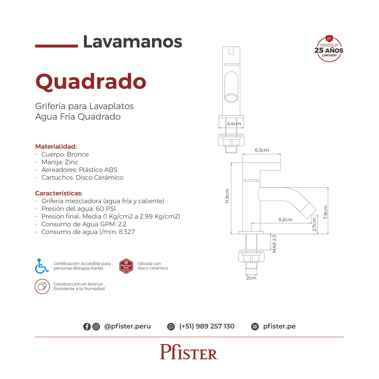 Grifería Agua Fria para Lavamanos Quadrado Cromo Pulido