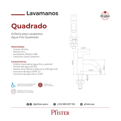 Grifería Agua Fria para Lavamanos Quadrado Cromo Pulido