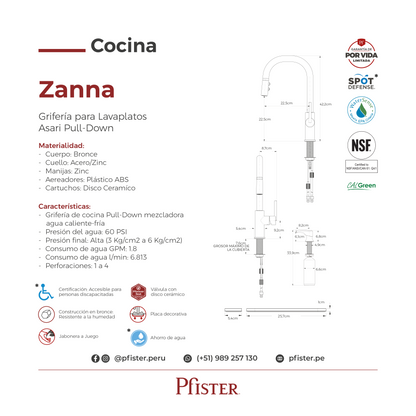 Grifería de Cocina Zanna con Cabezal Extraíble Anti-Manchas en Negro Mate