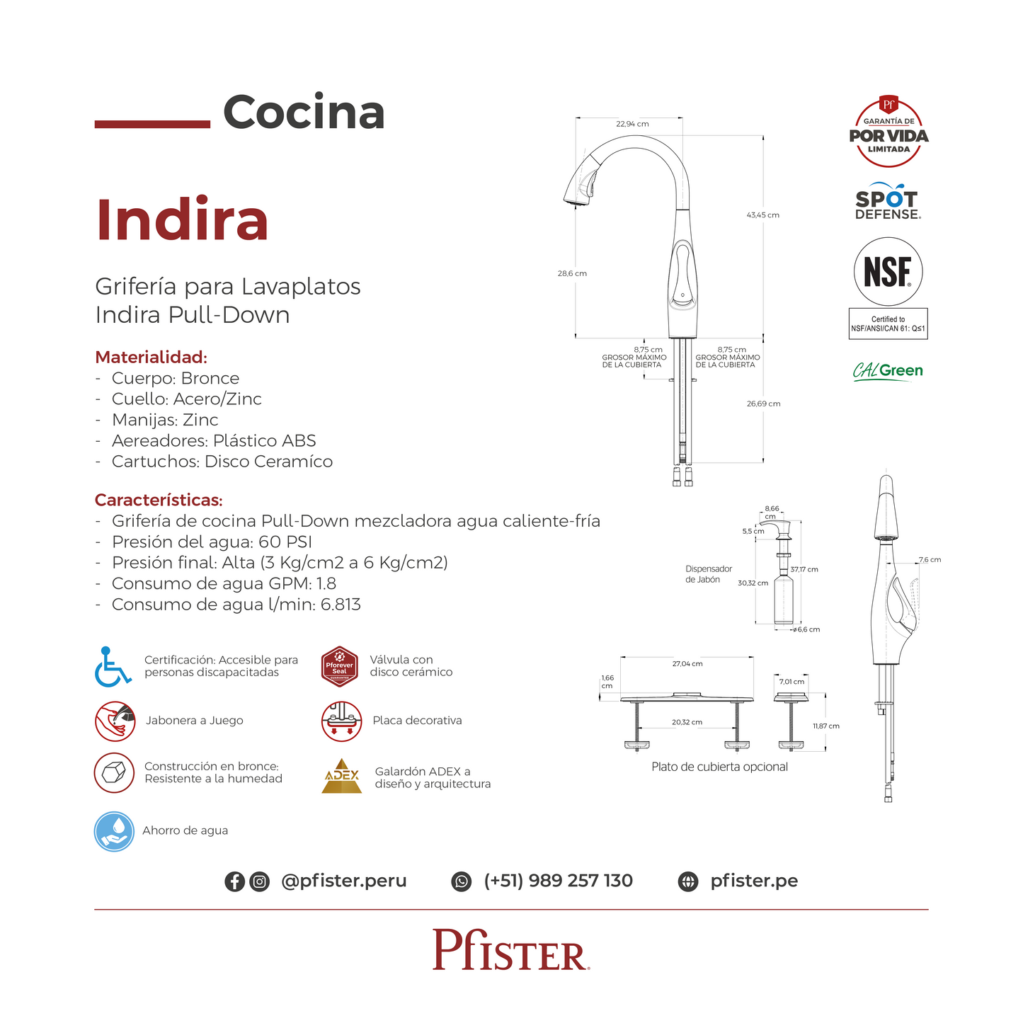 Grifería de Cocina Indira con Cabezal Extraíble Anti-Manchas en Cromo Mate