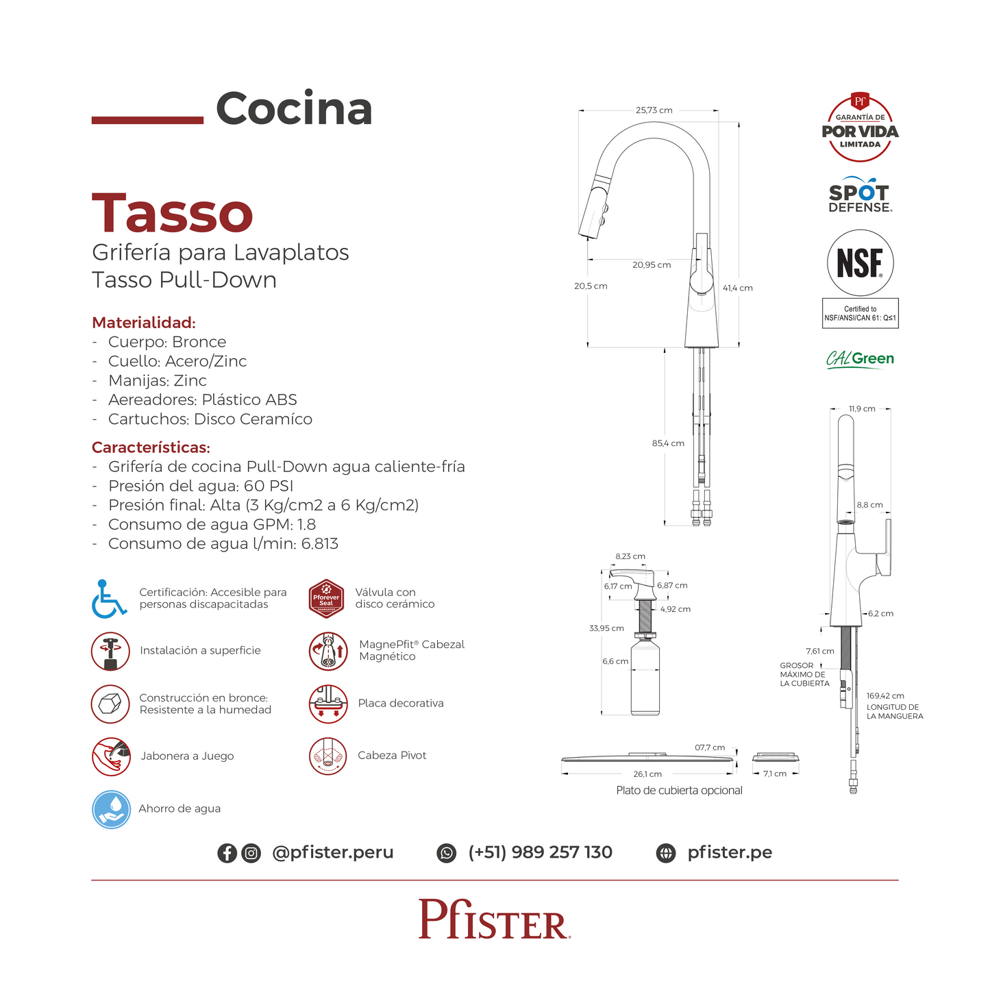 Grifería de Cocina Tasso con Cabezal Extraíble Anti-Manchas en Cromo Mate