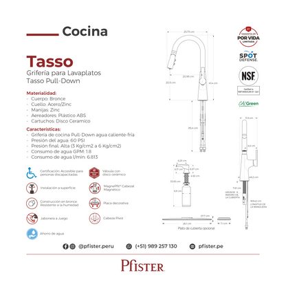 Grifería de Cocina Tasso con Cabezal Extraíble Anti-Manchas en Cromo Mate