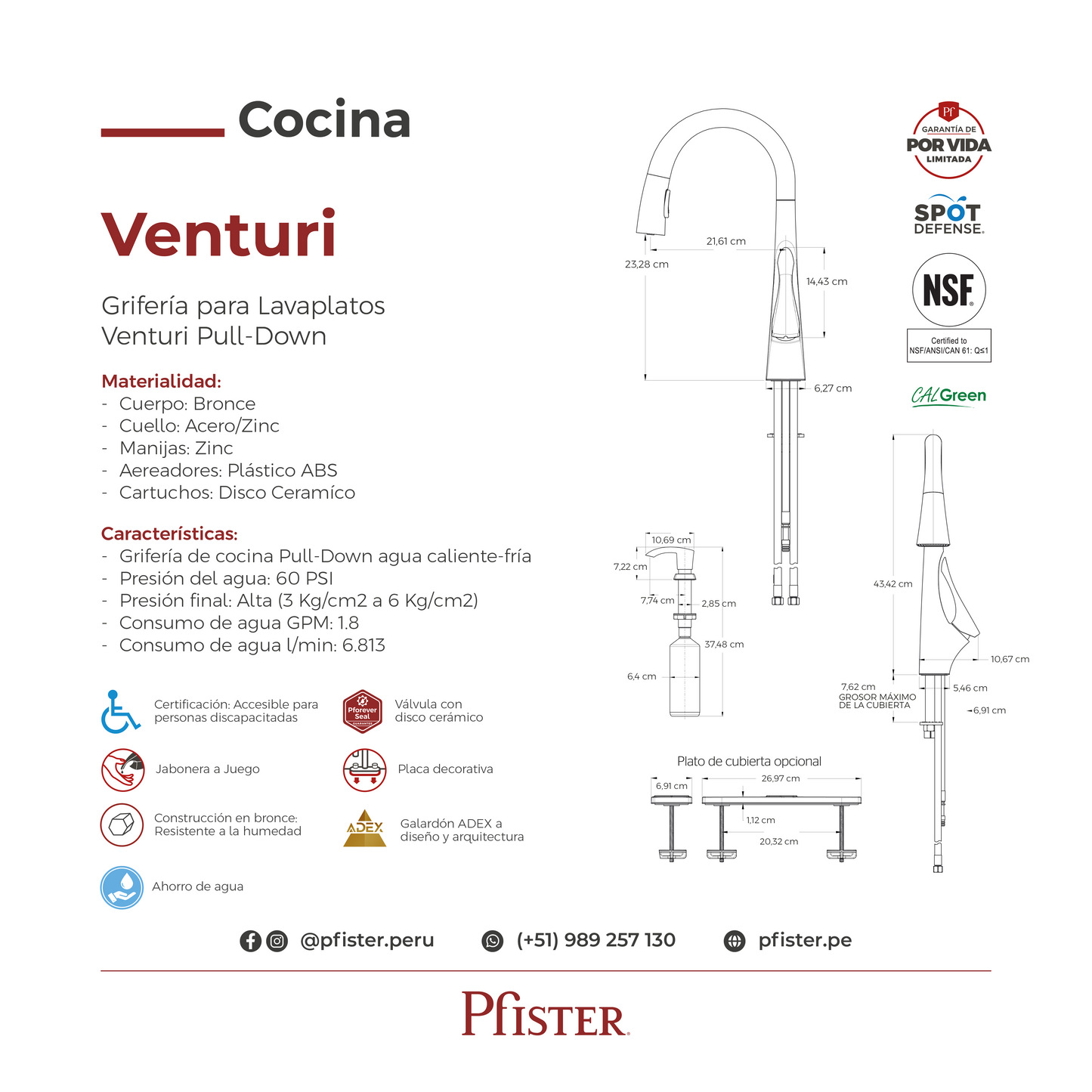 Grifería de Cocina Venturi con Cabezal Extraíble Anti-Manchas en Cromo Mate