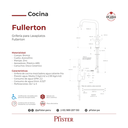 Grifería para Cocina Fullerton en Cromo Mate