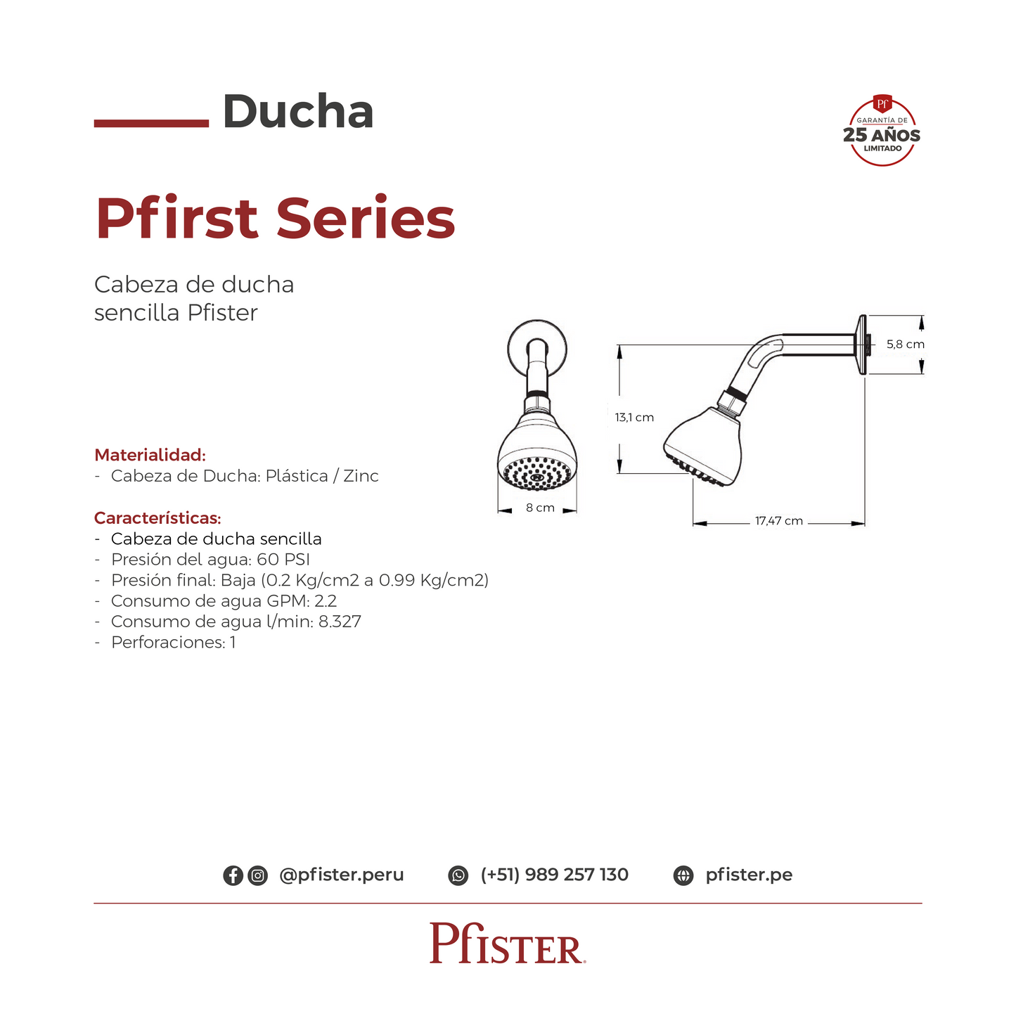 Cabezal de Ducha Pfirst Series Sencillo Cromo Pulido