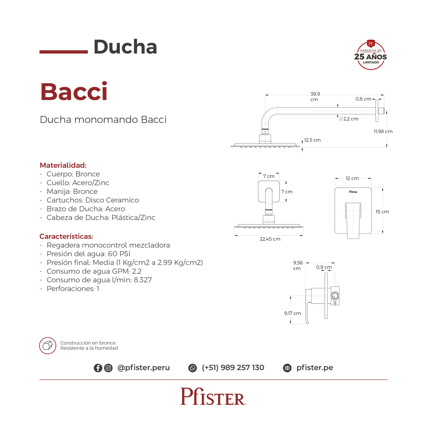 Ducha Monomando Mezclador Bacci Cromo Pulido