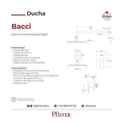 Ducha Monomando Mezclador Bacci Cromo Pulido