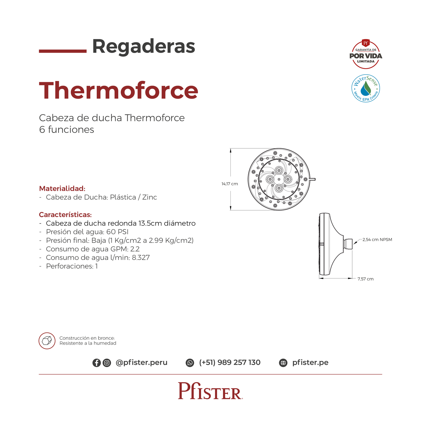 Cabezal de Ducha Thermoforce 6 Funciones Cromo Pulido