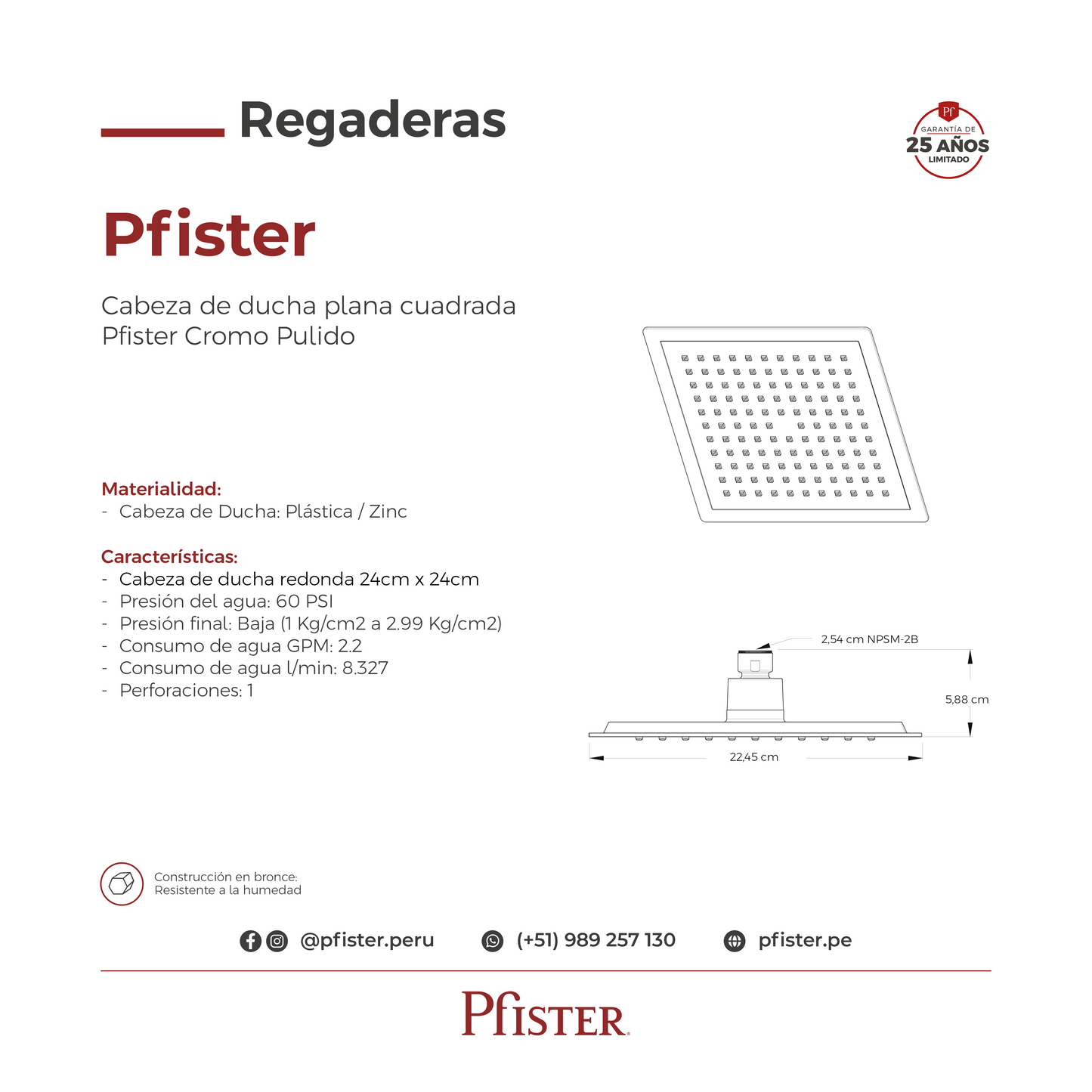 Cabezal de Ducha Pfirst Series Cuadrado Cromo Pulido