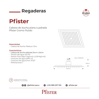 Cabezal de Ducha Pfirst Series Cuadrado Cromo Pulido