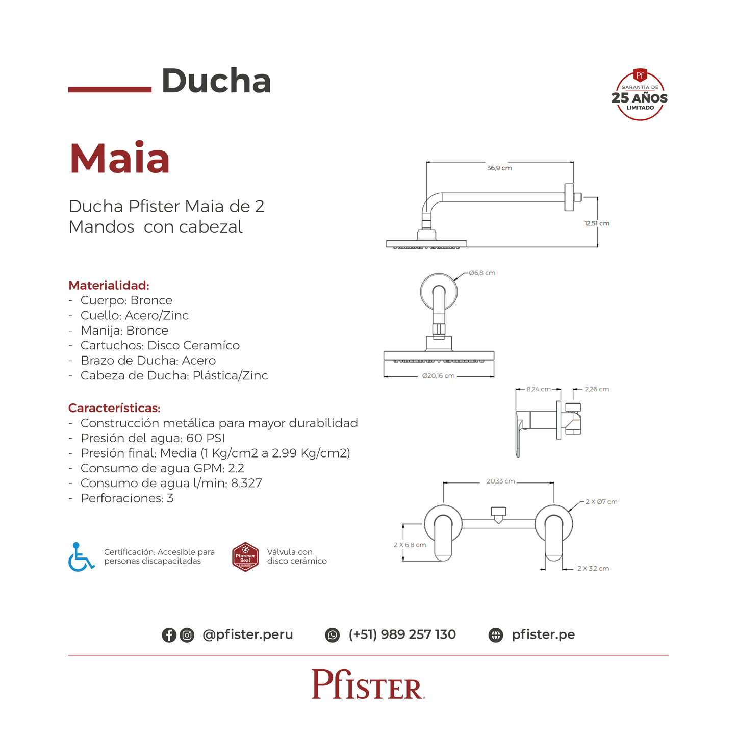 Ducha 2 Manijas Mezclador Maia Cromo Pulido