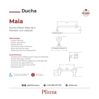 Ducha 2 Manijas Mezclador Maia Cromo Pulido